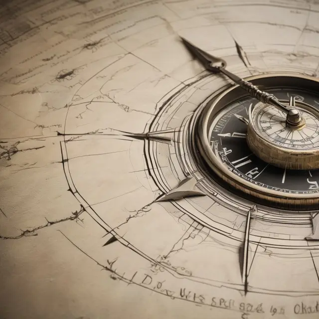 A compass with regulatory symbols guiding a wooden ship sailing through waves labeled 