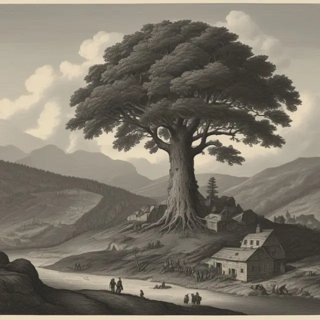 An image of the Industrial Revolution with a coal mine, gift cards, and a nonprofit organization growing under the branches of a tree laden with scrip