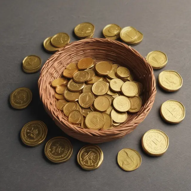An artistically woven basket filled with gold coins and currency symbols representing the creation of Special Drawing Rights (SDRs)