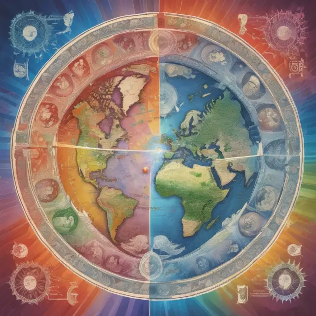 A colorful globe encircled by interwoven ribbons representing the five major currencies - US dollar, euro, Chinese yuan, Japanese yen, and pound sterling - forming an SDR
