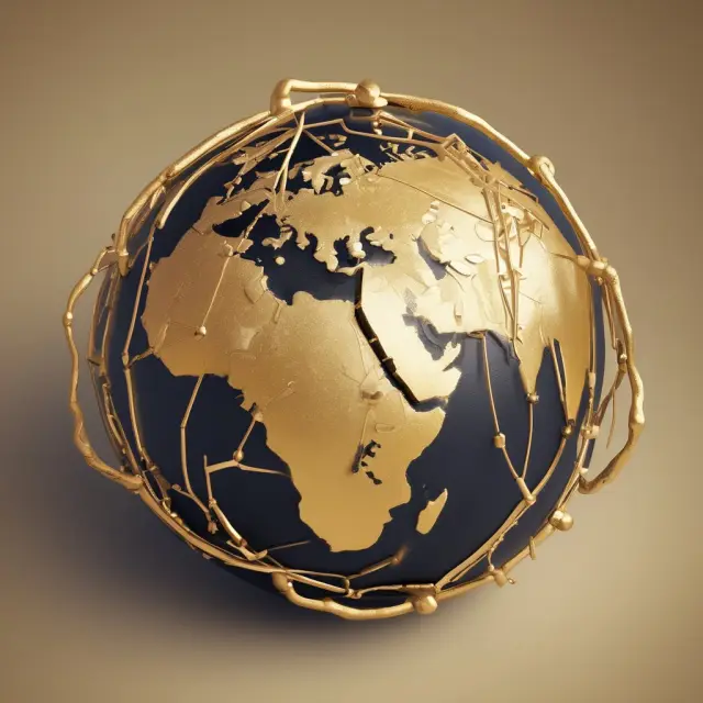 Golden globe with five interconnected rivers: US Dollar, Euro, Japanese Yen, Chinese Yuan, and British Pound symbolizing SDR-included currencies