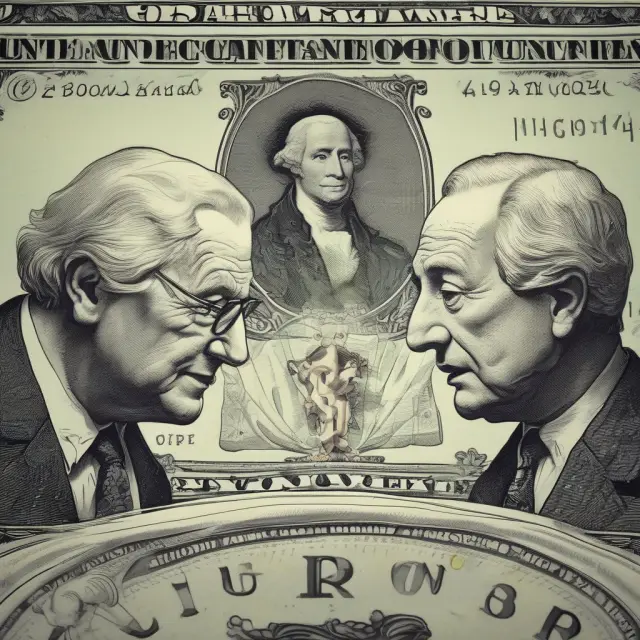 A metaphorical representation of SDRs and the U.S. dollar competing for dominance as international reserve currencies within the International Monetary Fund.