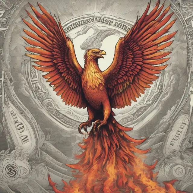 An IMF Phoenix rising, symbolizing the creation and transformation of SDRs from a combination of major currencies.