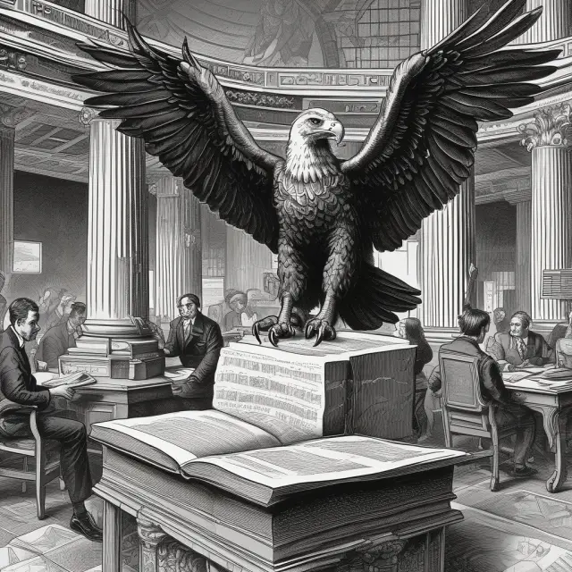 An eagle, symbolizing the Securities and Exchange Commission, protectively watching over a bustling stock exchange floor