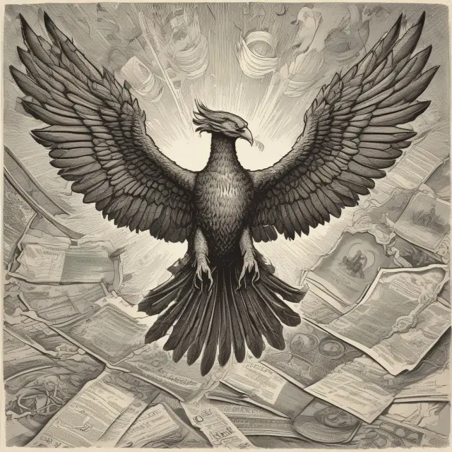 An image of a phoenix rising from a pile of old stock certificates, symbolizing the Securities Exchange Act of 1934