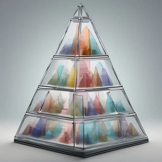 A transparent reporting pyramid constructed from interconnected glass blocks symbolizing annual reports, quarterly reports, significant events disclosure, SEC registration, and EDGAR system.