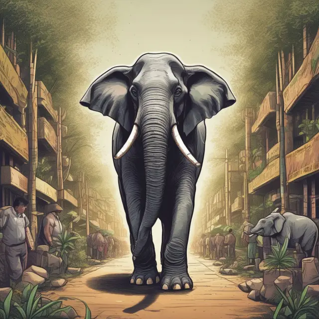 An elephant, symbolizing SEBI, protectively standing in a lush stock market jungle, representing investor security