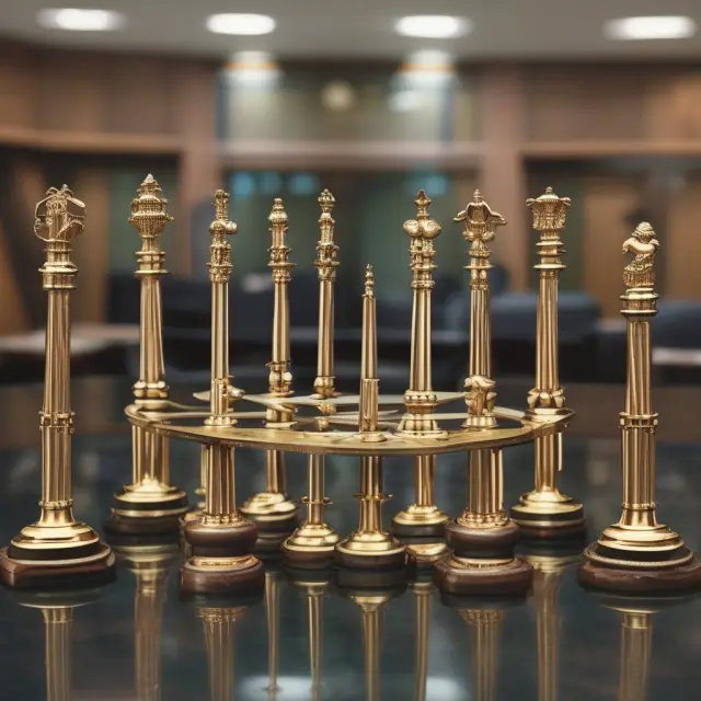 Image of a beautifully-crafted wooden table with gavels representing SEBI