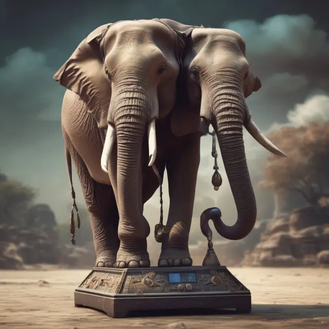 An elephant protectively standing before a bustling marketplace filled with balance scales, representing SEBI and its commitment to securities market integrity