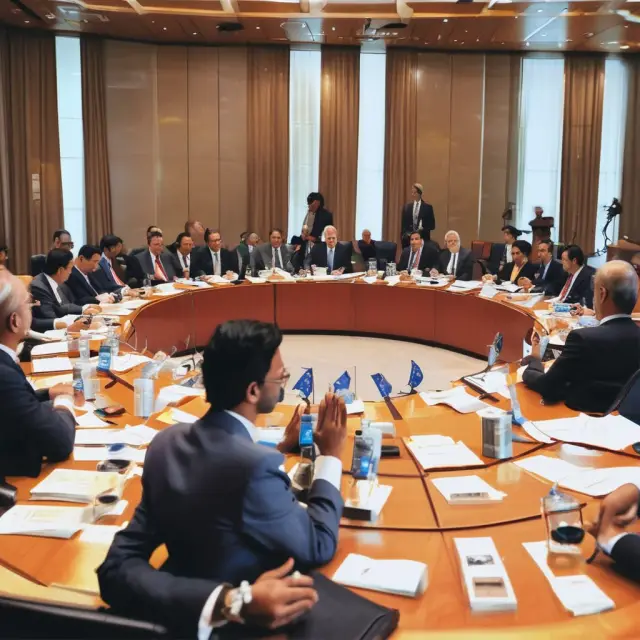 A table with representatives from various global securities regulators discussing and sharing best practices with SEBI, symbolizing collaboration and improvement in Indian financial regulation.