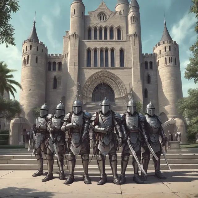 Securities and Exchange Commission (SEC) officers safeguarding fair markets by enforcing securities laws. Knights guarding a fortress of integrity.