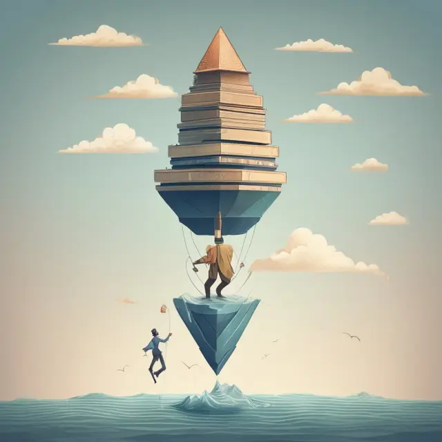 An individual managing a large income pyramid, representing self-employment earnings. Taxes, symbolized by water, flow from the top to the base; illustrating Social Security taxes and Medicare taxes.