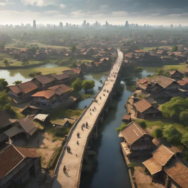 An image of a sturdy bridge linking a prosperous first-world city to a developing third-world village, representing the concept of second world countries.