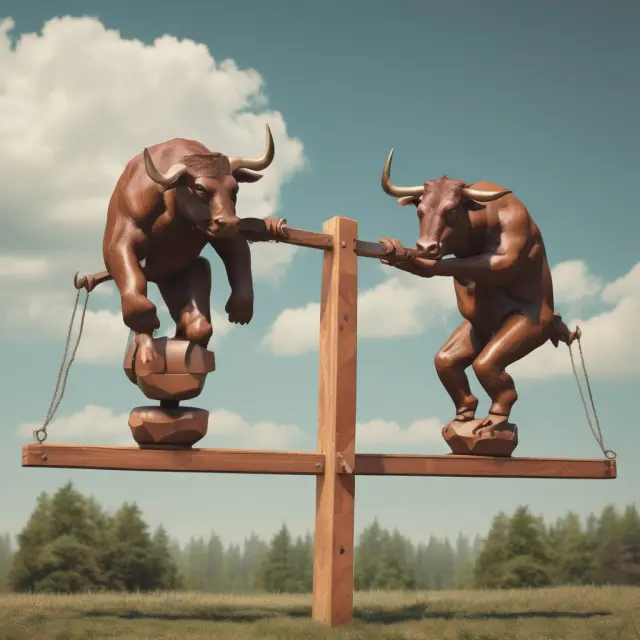 A bull and bear figurine balancing on a seesaw with various economic indicators represented by weights influencing their movement