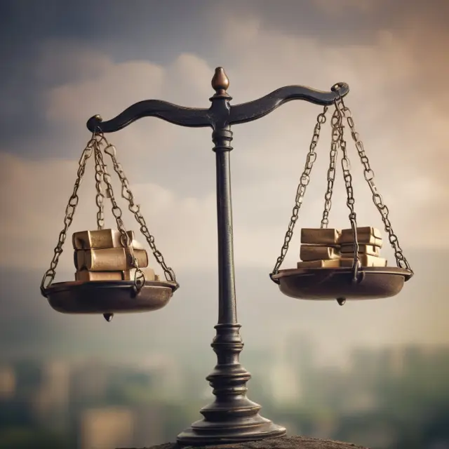 An image of balancing scales, one side filled with golden opportunities and the other with potential risks, representing pros and cons of trading in secondary markets