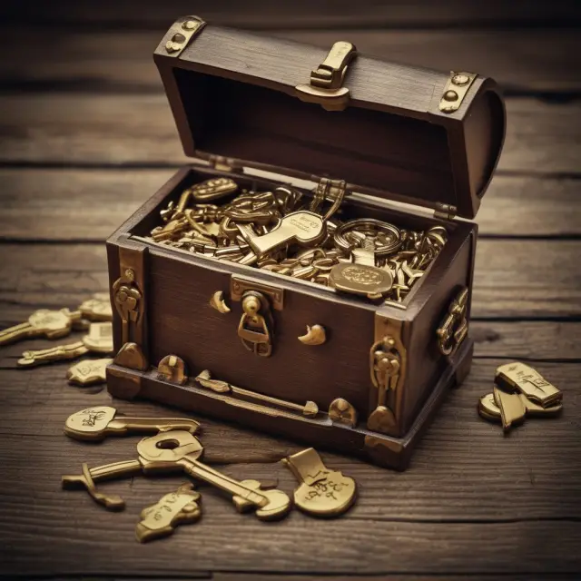 A treasure chest overflowing with gold coins symbolizes the potential profit of Section 1231 property. Golden keys represent the lowered capital gains tax rates associated with these assets.