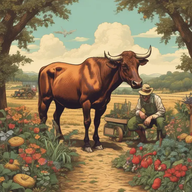 Farmer harvesting crops, with a taxidermied bull and horse overseeing: symbolizing Section 1231 transactions including sales, leaseholds, condemnations, casualties.