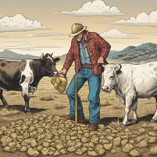 A farmhand tends to his herd of cattle. Golden nuggets scattered around the field symbolize capital gains from selling long-term assets under Section 1231.