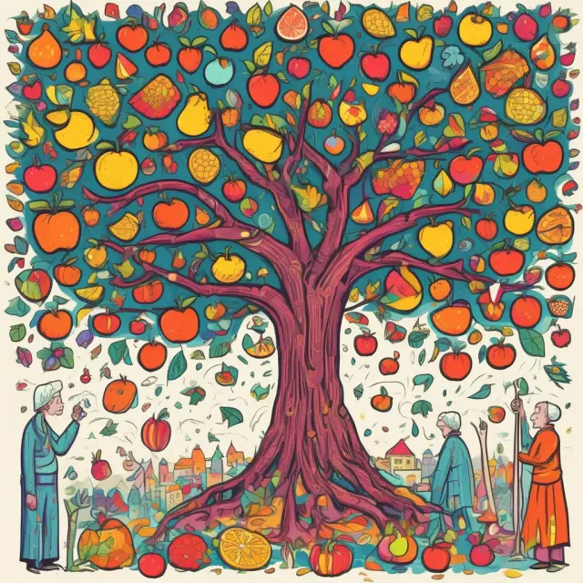 An investor picks ripe index funds (fruits) from a tree with branches symbolizing various sectors, emphasizing sector investing and diversification