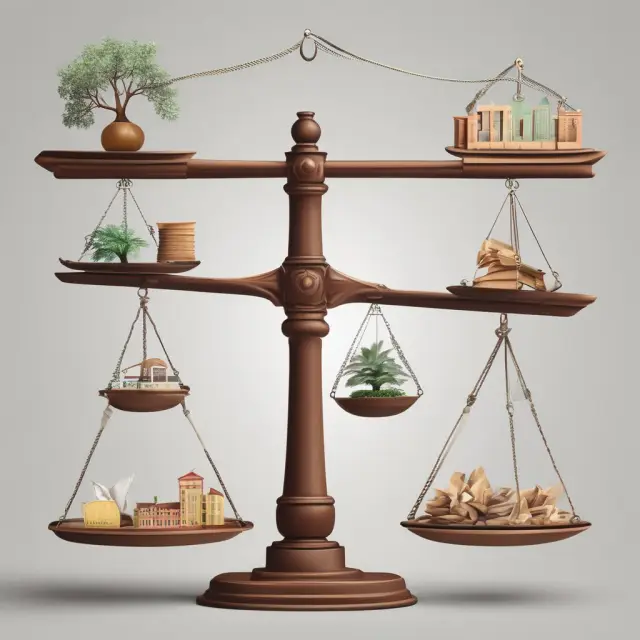 A balanced scale with various economic sector pie charts, illustrating allocation to maintain well-diversified investments