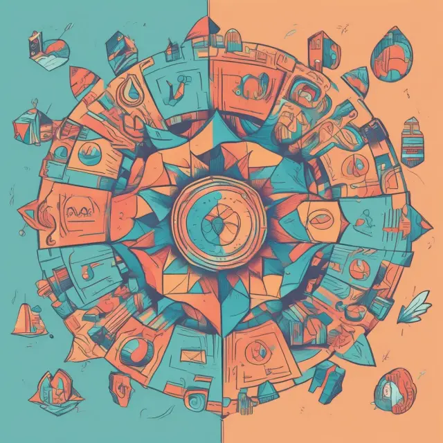 A colorful kaleidoscope image with various sector symbols intertwining, symbolizing FAQ diversity and sector exploration