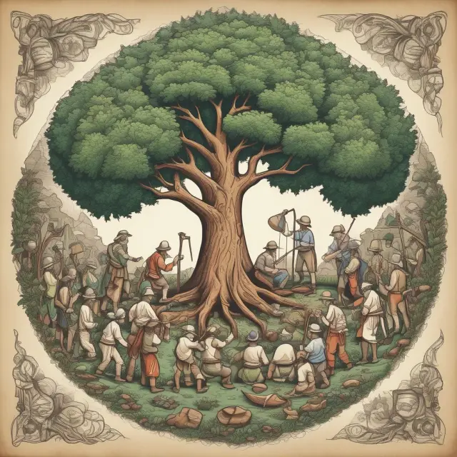 A group of people representing mining, farming, fishing, forestry, and hunting gathered around a fruitful tree as symbols of natural resource industries in the primary sector.