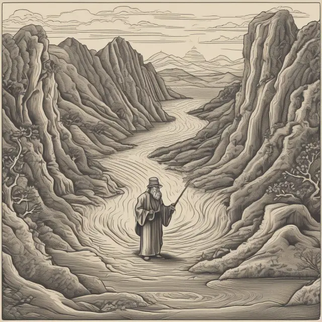 An ancient sage paddling through a meandering river, using a map to identify and follow long-term market currents symbolizing secular trends
