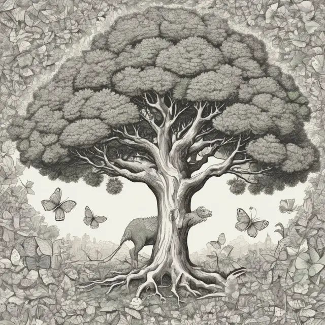 An oak tree representing secular trends and a chameleon butterfly symbolizing cyclical markets, reflecting the investment world