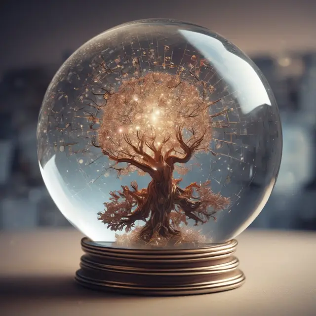 Crystal ball showcasing demographic changes, economic indicators, technological innovation, and expert opinions, revealing long-term investment trends in finance