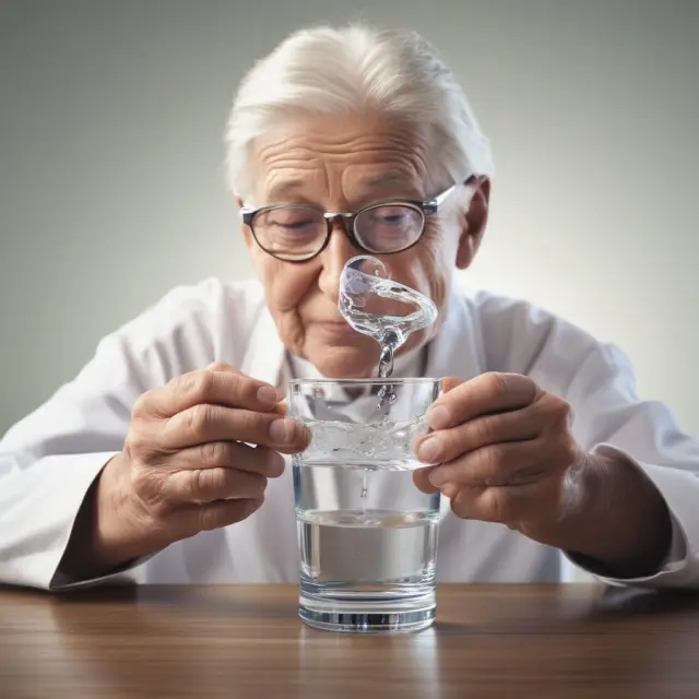 An elderly person pours water from a jug labeled 