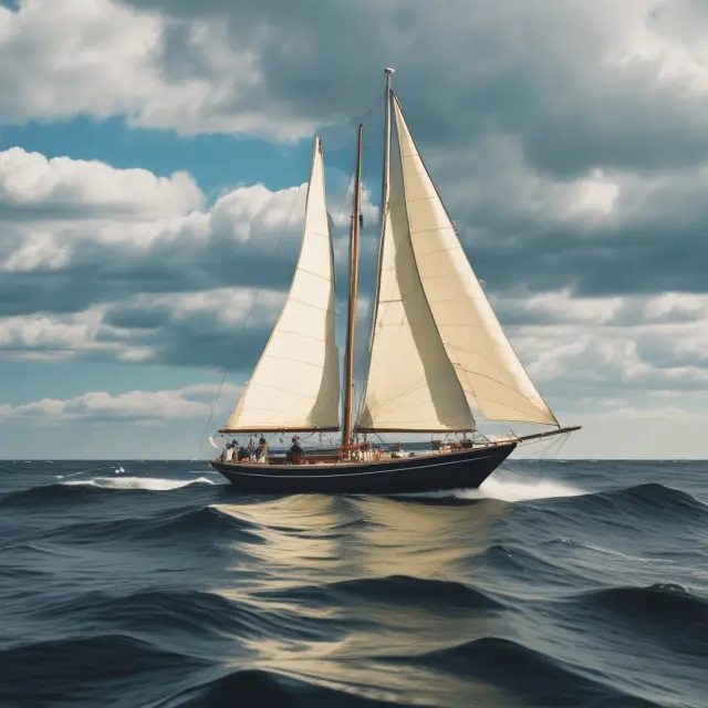 A sailboat navigating through an ocean representing long-term market trends, with waves symbolizing demographic shifts, technological advancements, and economic changes.