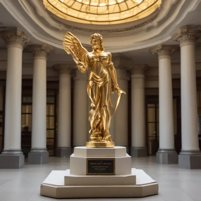Golden statue of the Securities Exchange Commission symbolically illuminating open prospectuses, signifying transparency and disclosure for investors.