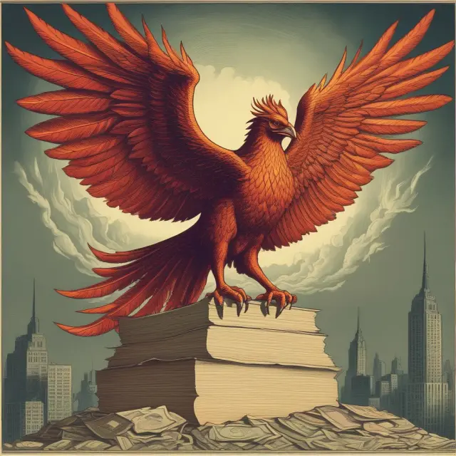 A phoenix rising from a pile of misaligned securities, illustrating the Securities Act of 1933