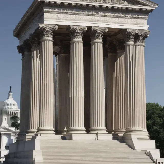 Five pillars symbolizing SEC commissioners forming a strong foundation around the U.S. Capitol, representing their crucial role in securities regulation.