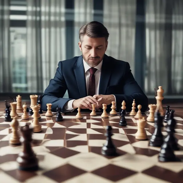 Institutional investor using chessboard to symbolize short selling, hedging, arbitrage, and fails-driven borrowing strategies, with pawns representing securities lent