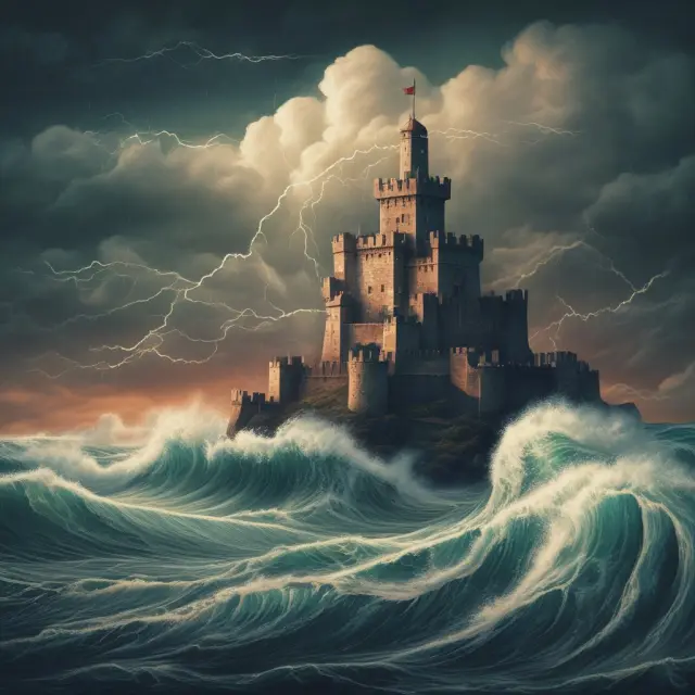 Image of a sturdy castle amidst tumultuous waves, representing securities lending while counterparty, market, operational, and credit risks are portrayed as individual menacing waves