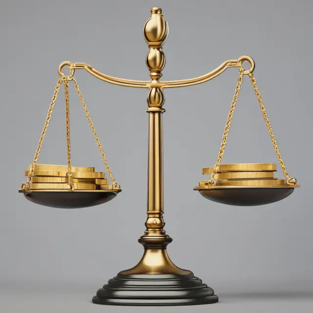 Golden scales with identical coins balanced between two sides, symbolizing the concept of arbitrage and its application to securities lending.