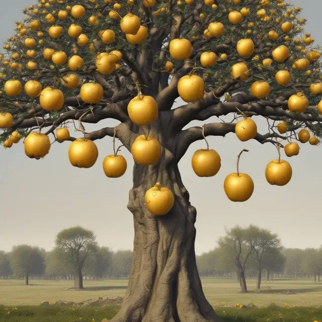 An apple tree laden with gold apples representing securitized assets, divided into various tranches based on risk and yield