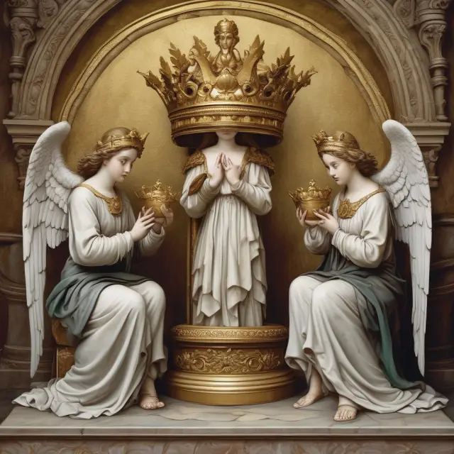 Three angel investors evaluating the creditworthiness of a golden crown of securitized assets. Illustrates the importance of understanding risks when investing in such products.