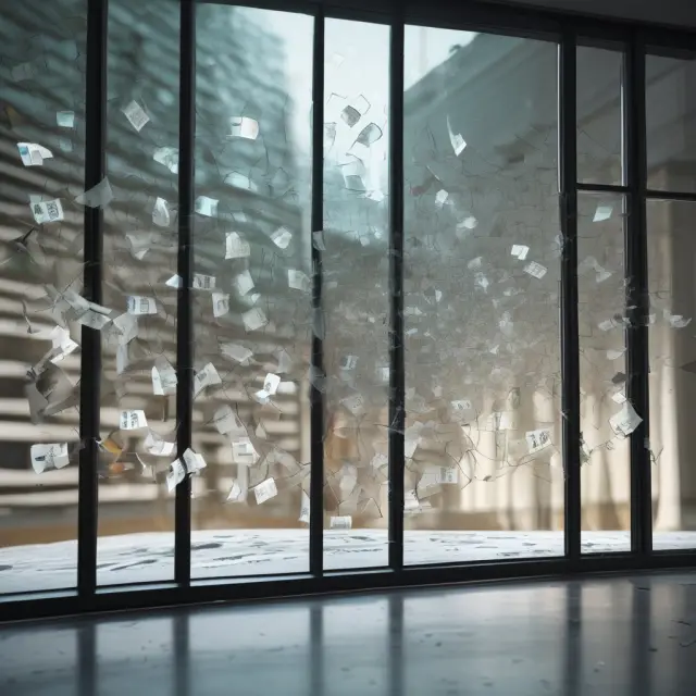 A glass window breaks open to reveal numerous interconnected financial documents, representing regulatory transparency in securitization.