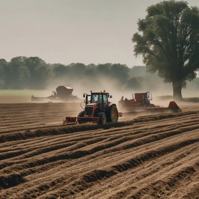 A farmer working in a field as investors observe, illustrating the first element of the Howey Test: An investment of money.