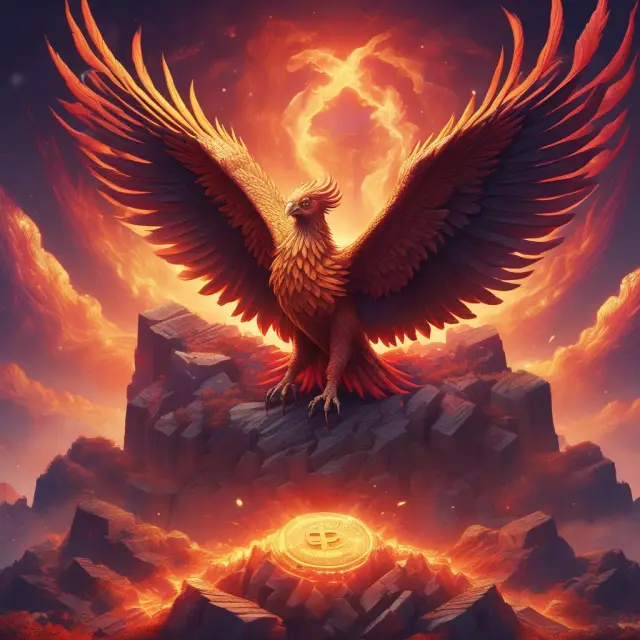 A phoenix emerges from a pile of securities, illustrating the future of investments with cryptocurrencies, NFTs, and asset-backed securities