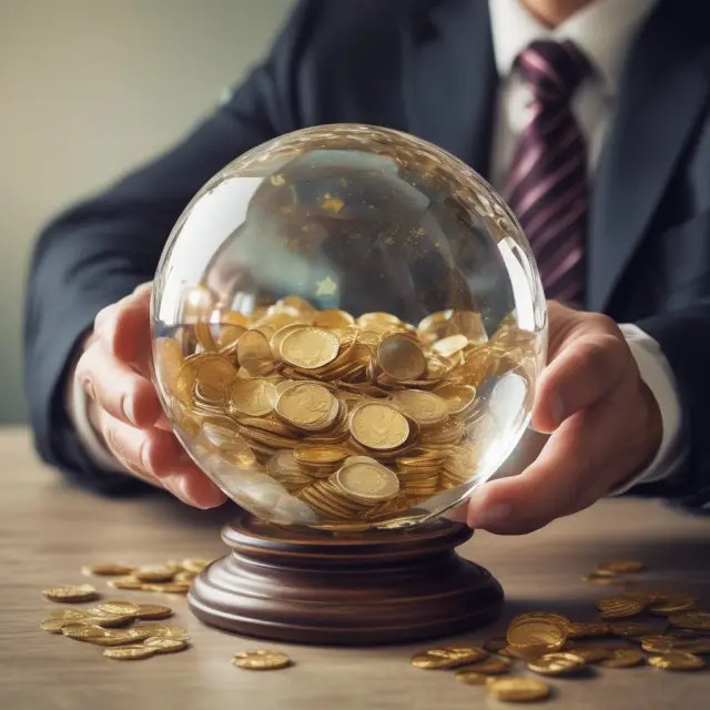 Investor examining SEC Yield in crystal ball filled with golden coins