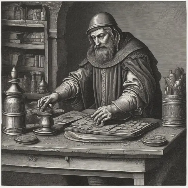 A medieval seigneur in a rich robe, meticulously operating a coin press, surrounded by piles of ancient currency, symbolizing the historical birthplace of seigniorage.