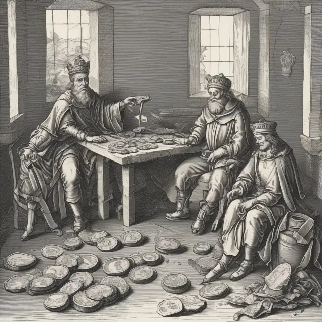 A medieval coinage workshop with feudal lords producing currency (seigniorage) and people sorting through stacks of coins (Gresham