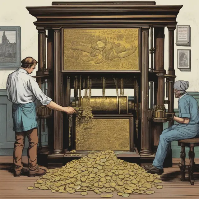 A minting machine produces golden and silver dollar bills, illustrating the seigniorage revenue generated from their production