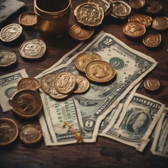 Gold coin transforms to $1 bills and pennies illustrating seigniorage