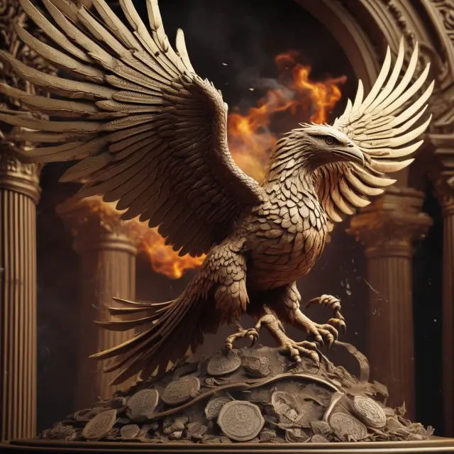 A sovereign phoenix arises from the ashes, producing golden coins with a fiery breath - Seigniorage within Modern Monetary Theory