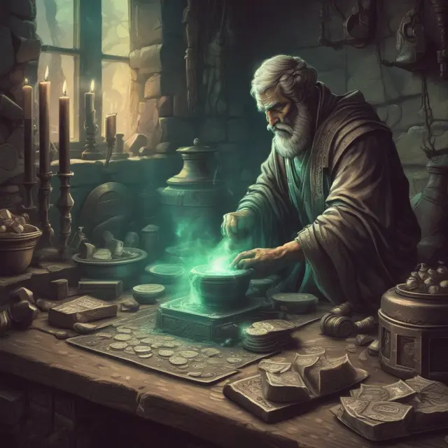 An artisan minting coins and creating a dollar bill in an eternal forge, representing seigniorage and the continuous production of currency.