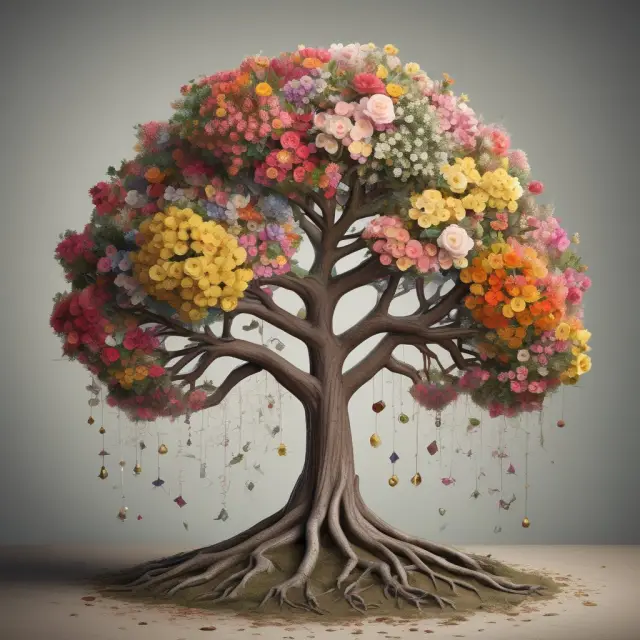Image of a flourishing tree with roots symbolizing real estate, branches for precious metals, and blossoms representing diverse alternative investments within a self-directed IRA.